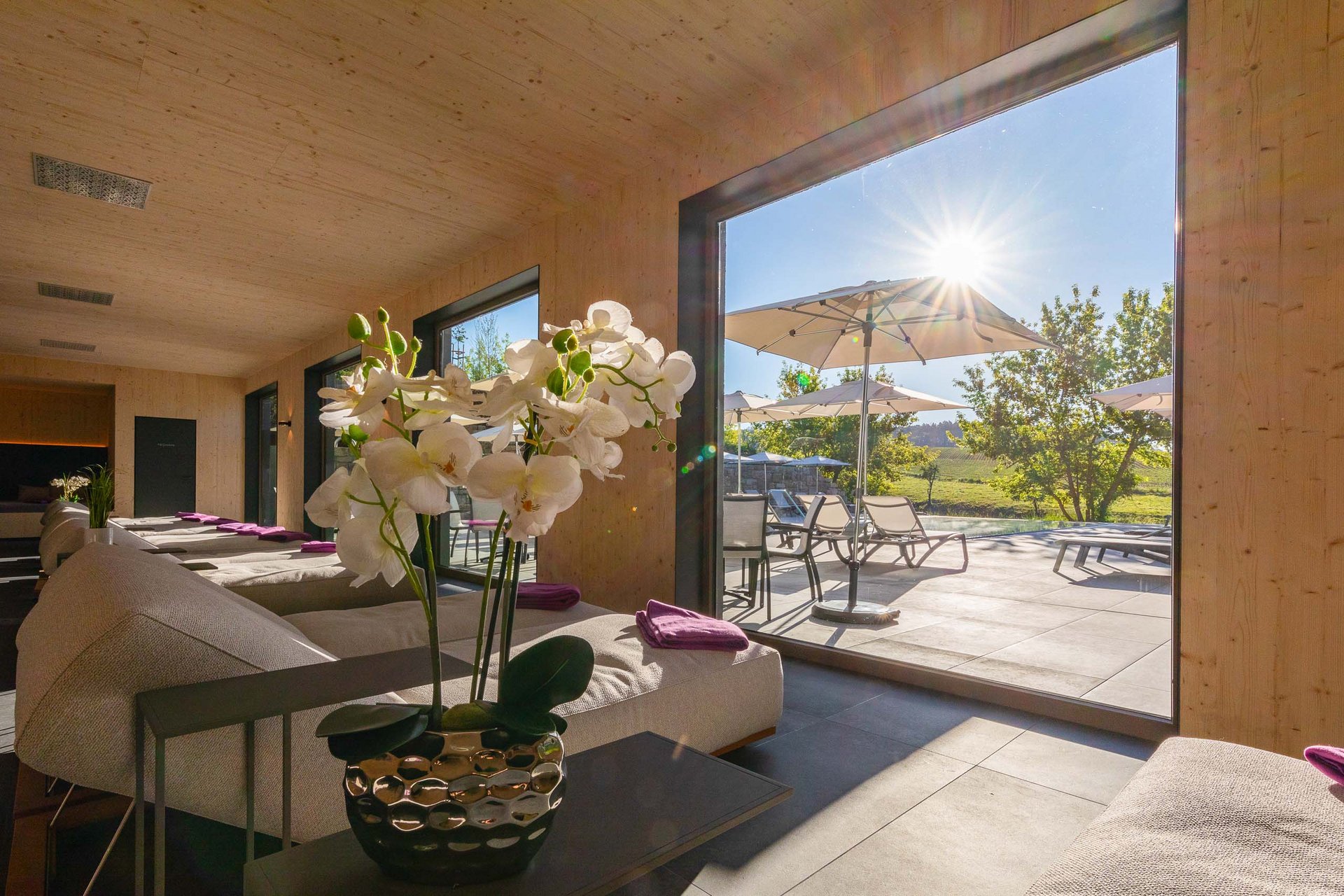 Wohnzimmer mit Orchideen und Blick auf Terrasse mit Sonnenschirmen und Sonnenlicht