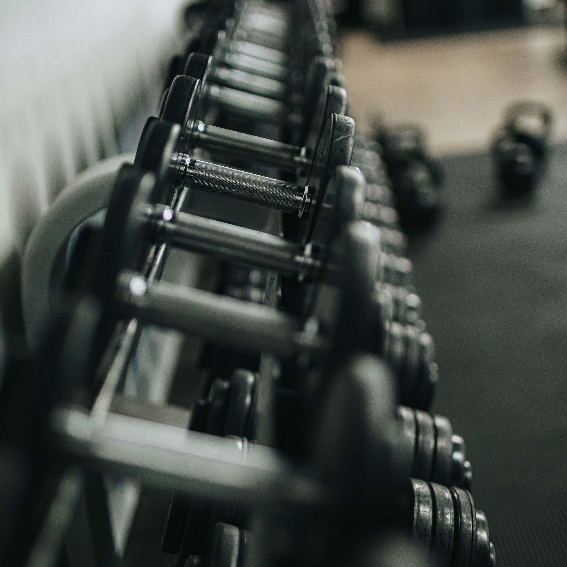 Reihe mit Hanteln im Fitnessstudio auf einem Rack