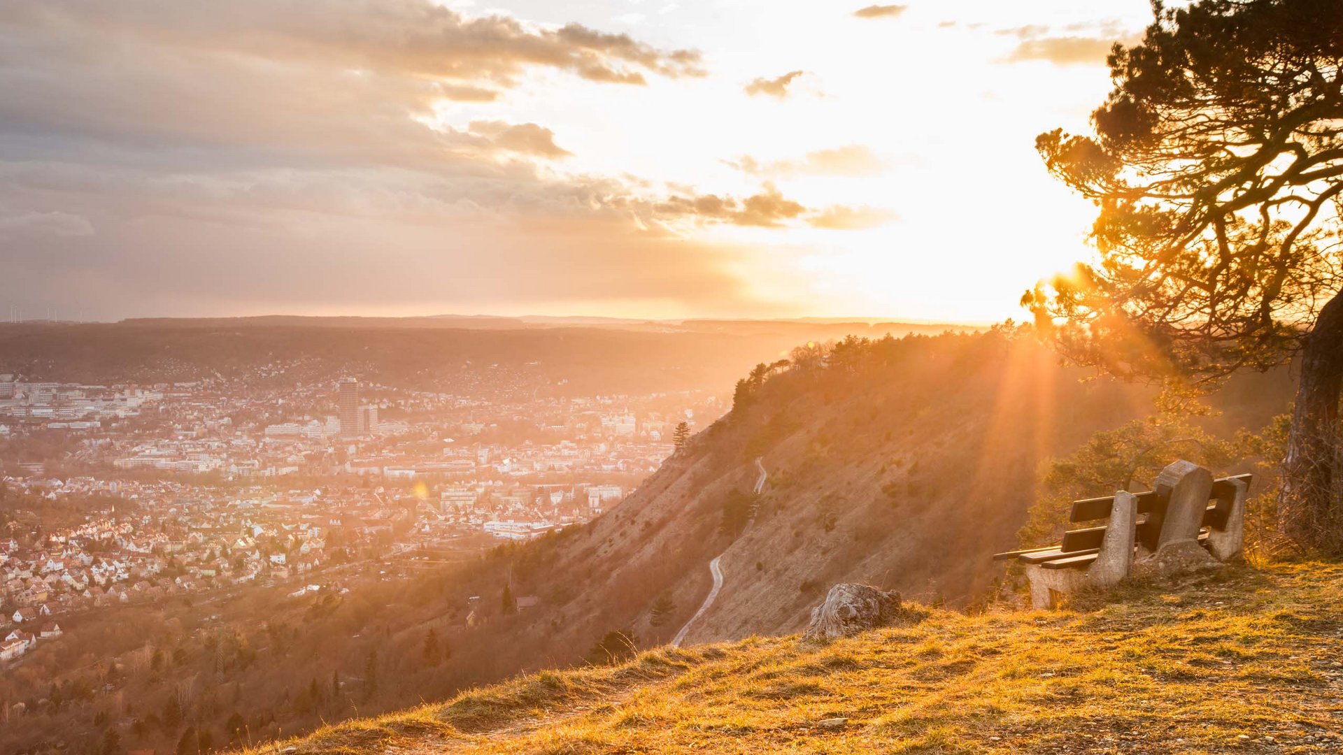 Bench overlooking city and sunset over hills